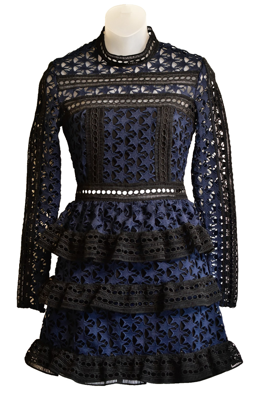 Self-Portrait Navy Blue Black Star Lace Ruffle Mini Dress Long Sleeve US 2 UK 6